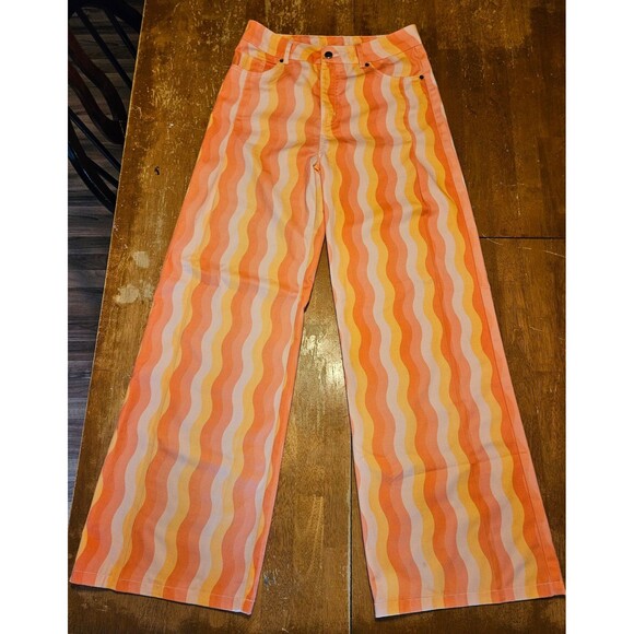 Wideleg Striped Pants Size Medium Orange Pink Peach Yellow Funky 70's Hippie - Picture 1 of 3